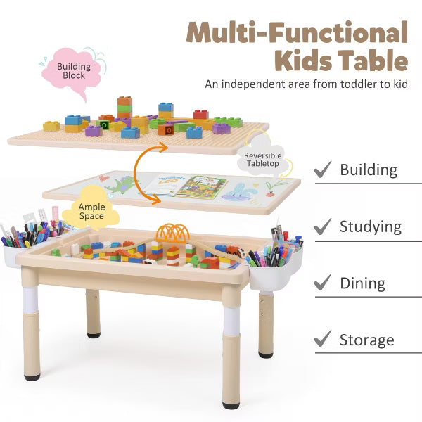 Kinder King Kids Play Table with 2 Chairs, Block Surface, Paper Roll, Built-In Storage