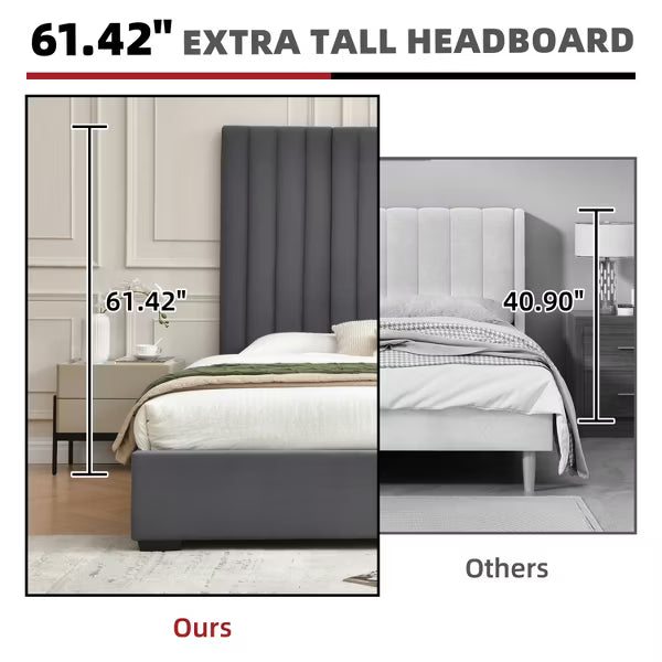 King Size Upholstered Storage Bed Frame 61.42" Tall Velvet Headboard with 2 Large Drawers,Sturdy Metal Frame,No Box Spring Needed,Easy Assembly,Grey