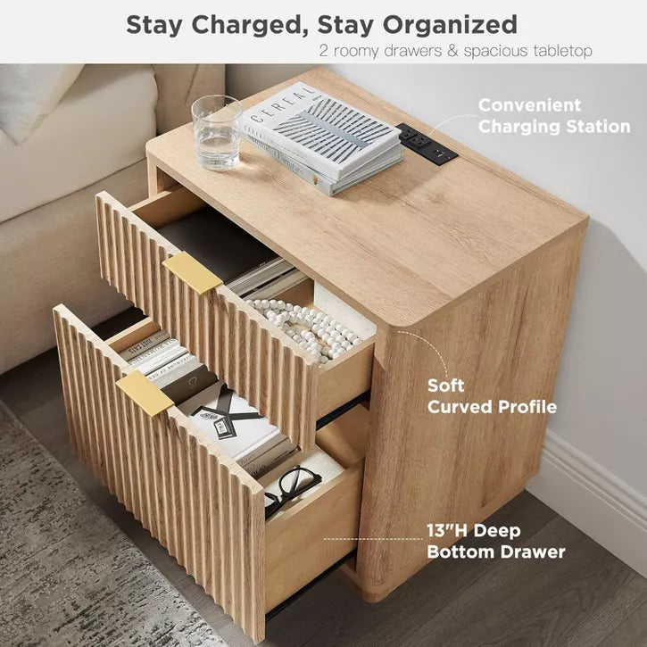 SinCiDo 23" Fluted Nightstand w/Charging Station, 2 Drawer Mid Century Modern End Table w/Storage for Bedroom & Living Room