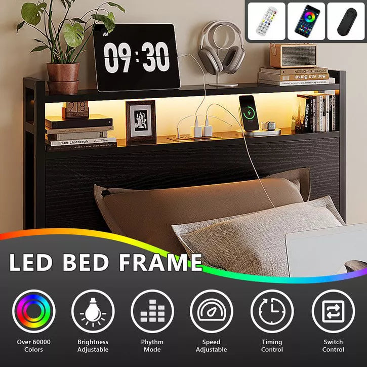 Karl Home Metal Platform Bed Frame with 2-Tier Storage Headboard, with 4 Storage Drawers, Built in Charging Station and LED