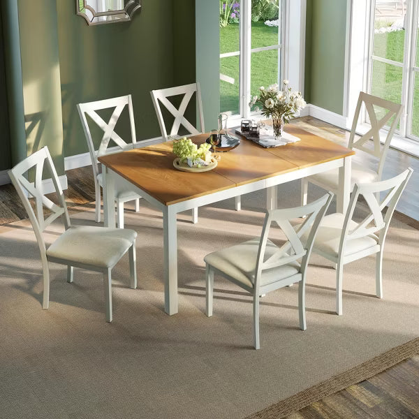 AMERLIFE 60" Space Saving 7-Piece Farmhouse Solid Wood Dining Table Set with 6 Upholstered Chairs, Brown & White
