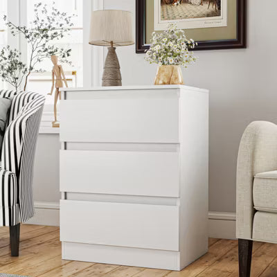 CIPACHO White 3-Drawer Handle-Free Dresser - Modern Wooden Tall Nightstand for Bedroom
