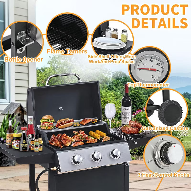 ELJGET 3 Burner Grill Propane Gas Grill, Outdoor Stainless Steel 25650 BTU Patio Garden BBQ Grill with Lid, Wheels, RV Camping Barbecue