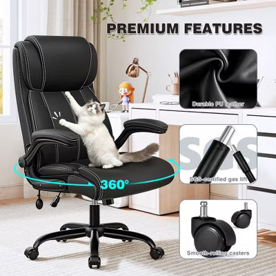 KERDOM Ergonomic Office Chair,Desk Computer Chair, Leather High Back Executive Chairs with Adjustable Lumbar Support & Flip Up Arms, Rocking, Black