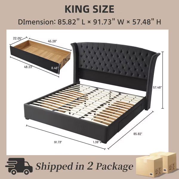 Upholstered Bed Frame - 2 Storage Drawers,Button Tufted Wingback,Velvet Fabric,No Box Spring Needed, Easy Assembly