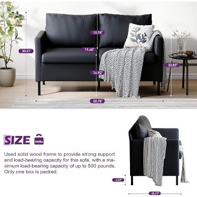 TYBOATLE 51" Modern Small Loveseat Sofa, 2‑Seater Fabric Couch with Iron Legs for Apartment, Office, Dorm, or Bedroom, Black