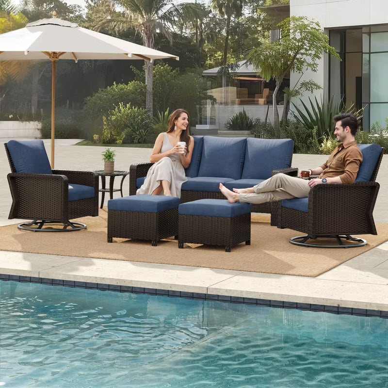 SUGOLD Outdoor Patio Furniture Set, All-Weather Wicker with Benches & Side Table, Black Rattan with Denim Blue Cushions