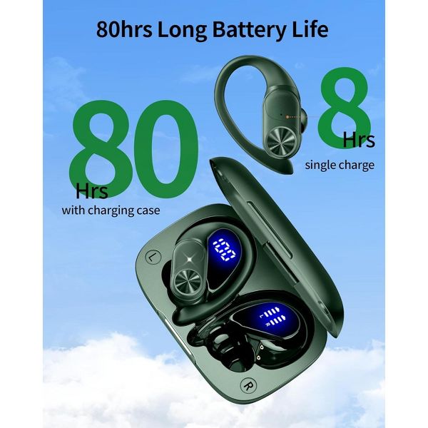 VEAT00L V6 Bluetooth Headphones Wireless Earbuds 88Hrs Playback Sport Ear Buds with Earhook Digital Display Charging Case