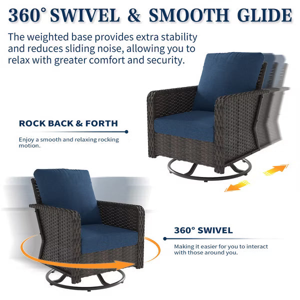 SUGOLD 6-Piece Wicker Patio Conversation Set with 3-Seat Sofa, 2 Swivel Rocking Chairs, 2 Ottomans, Side Table, Comfortable Blue Cushions