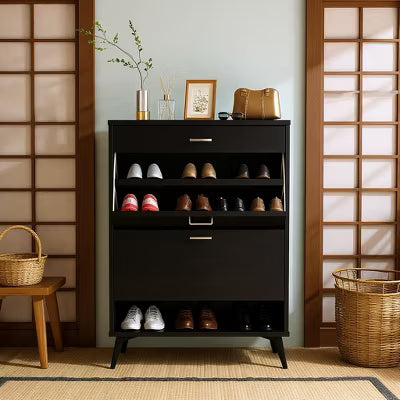 Hooseng Wooden Shoe Cabinet with 2 Flip Drawers, Modern Shoe Storage Organizer Unit with Adjustable Panel, Holds 12 Pairs of Shoes, Freestanding