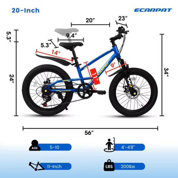 AENKYO 20-Inch Kids Mountain Bike for Boys & Girls, 7-Speed Shimano Children Mountain Bike with Fenders Easy Assembly - Blue Youth Bicycle