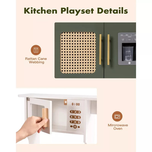ROBOTIME Kids Kitchen Play Set with Ice Maker for Toddler, Pretend Playset Wooden Toy for Kids Age 3+, Green, 21.65"*11.65"*31.5"