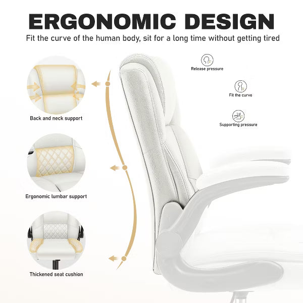 KERDOM High Back PU Leather Executive Office Chair, Flip Up Armrest Reclining Desk Chair with Rocking & Height Adjustable for Home Office,White