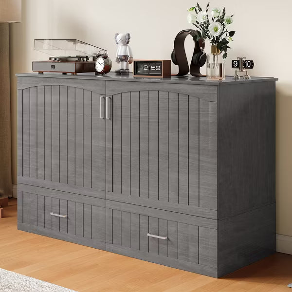 Mjkone Murphy Cabinet Bed, Queen Murphy Bed with Tri-Folding Mattress and Charging Ports, Drawer