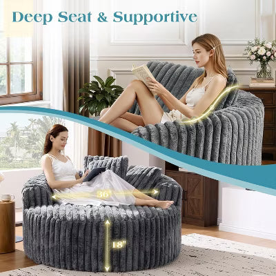 AMERLIFE 54" Oversized Round Lounge Chair, Cloud Corduroy Deep Seat Sofa Bed with Pillow, Anti-Slip Base, No Assembly