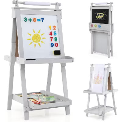 Kinder King 3 in 1 Kids Art Easel w/Storage Double-Sided Magnetic Whiteboard & Chalkboard Dry-Erase Board w/Paper Roller White