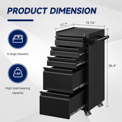 Mlezan 5-Drawer Tool Cabinet: Rolling on Wheels, Locking Keys, Heavy-Duty Metal Storage for Garage, Warehouse, or Workshop. Durable and Mobile.