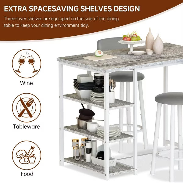 Hooseng Kitchen Dining Table Set for 2, Bar Table and Chairs Set with 3 Storage Shelves and 2 PU Leather Backrest Stools for Small Space