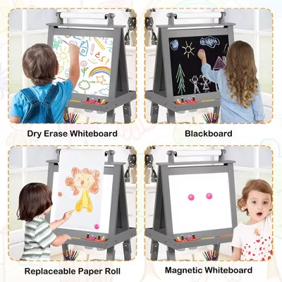 TODECARE Wooden 3-in-1 Kids Art Easel with Magnetic Whiteboard, Chalkboard, Paper Roll and Storage, Pink