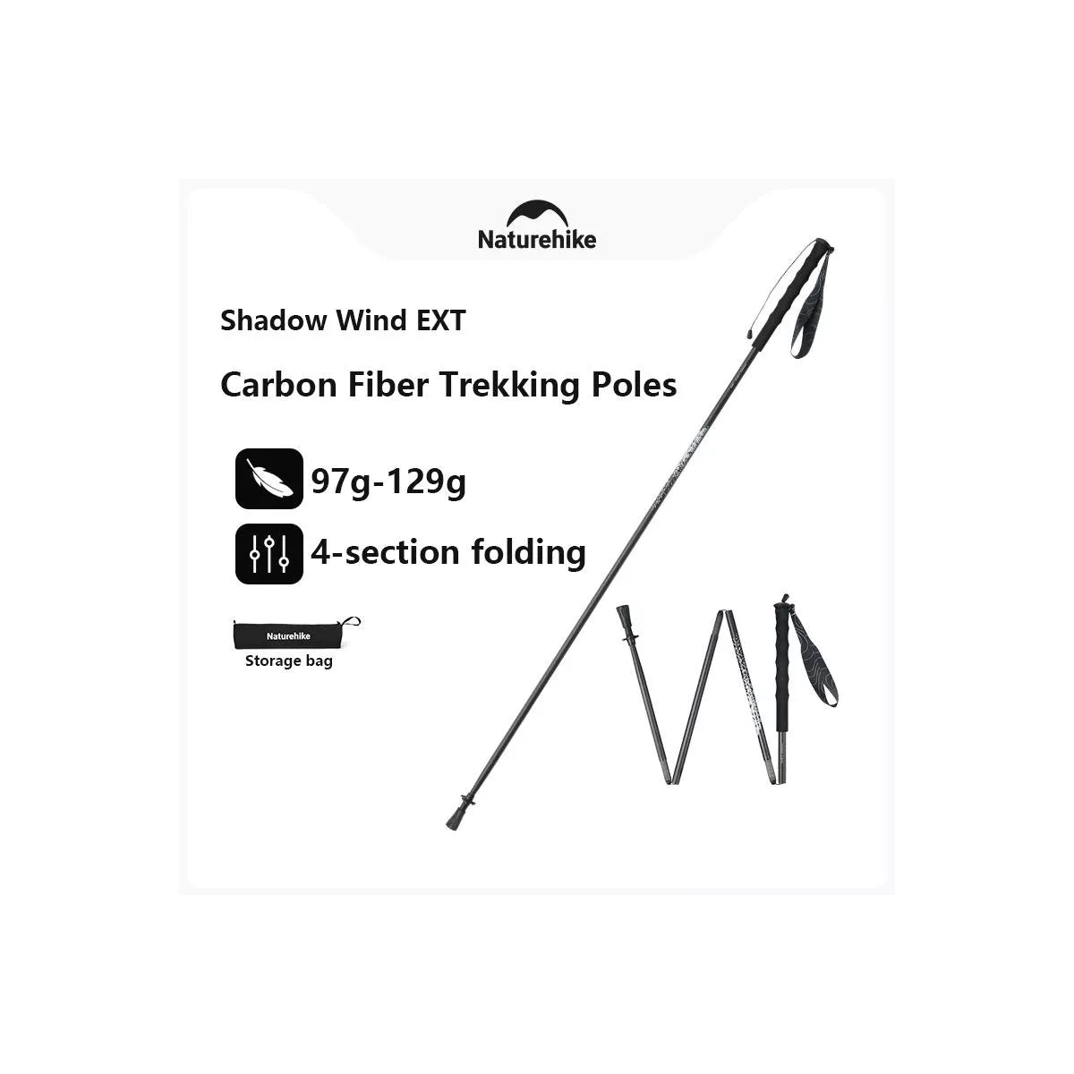 Naturehike 1pc 3K Carbon Fiber Trekking Poles-Ultra Lightweight Foldable for Trail Running,Quick 3-Second Setup,4-Section Design with Carry Bag