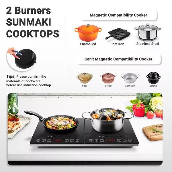 Dual Induction Cooktop,Dual Zone Individual Control Induction Cooker,9-speed Power Induction hob,Sensor Touch,High temperature indicator,3-hour Timer