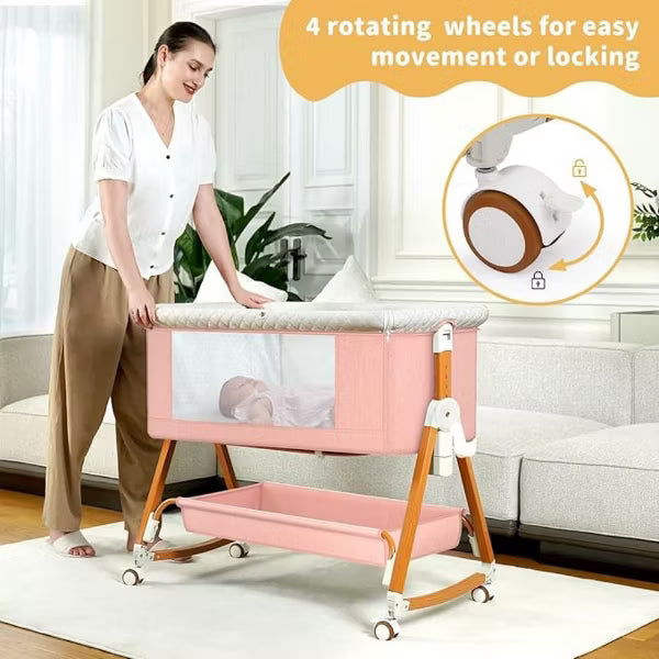 Foalom Baby Bassinet 3 in 1 Foldable Portable Crib,6 Adjustable Height,with Wheels