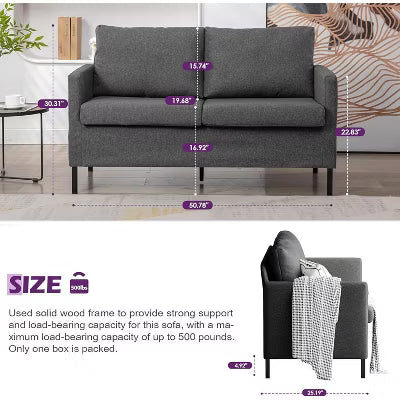 TYBOATLE 51" Modern Small Loveseat Sofa, 2‑Seater Fabric Couch with Iron Legs for Apartment, Office, Dorm, or Bedroom, Black