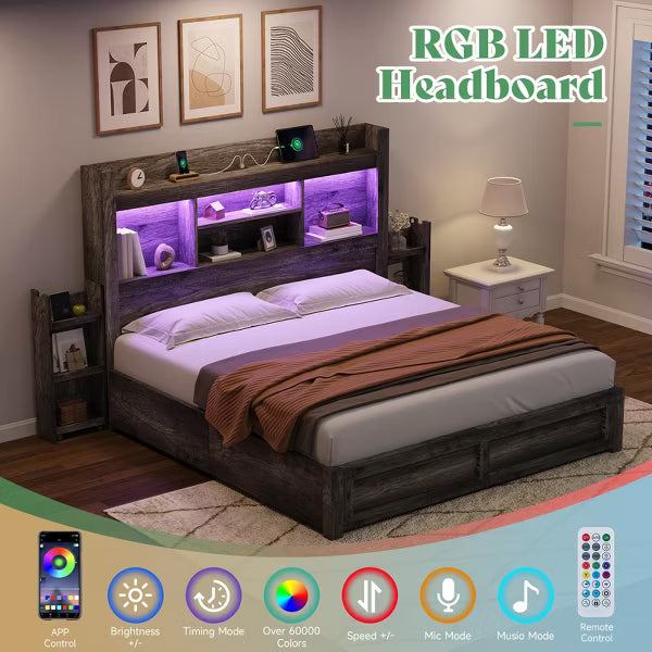 AMERLIFE Bed Frame with Drawers, LED, Bookcase Headboard, Charging, Shelves