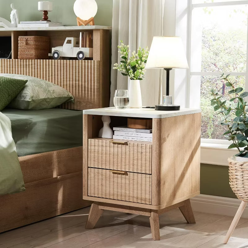 18" Modern Fluted Nightstand with Charging Station, Side Table with Faux Marble Top for Bedroom, Living Room