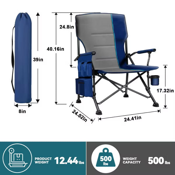 SUNSPIRE Oversized Camping Folding Chair 2-Pack, Heavy Duty XL Padded Portable Chair with Cup Holder Side Pocket for Outdoor Beach Sports Fishing Blue