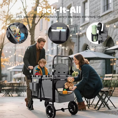 TODECARE Wagon Stroller for 2 Kids, All-Terrain Foldable Outdoor Stroller Wagon, Adjustable Handle, Shock-Absorbing Wheel, Detachable Tray