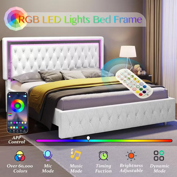 Bed Frame with Led Lights Headboard, Acrylic Mirror Accents