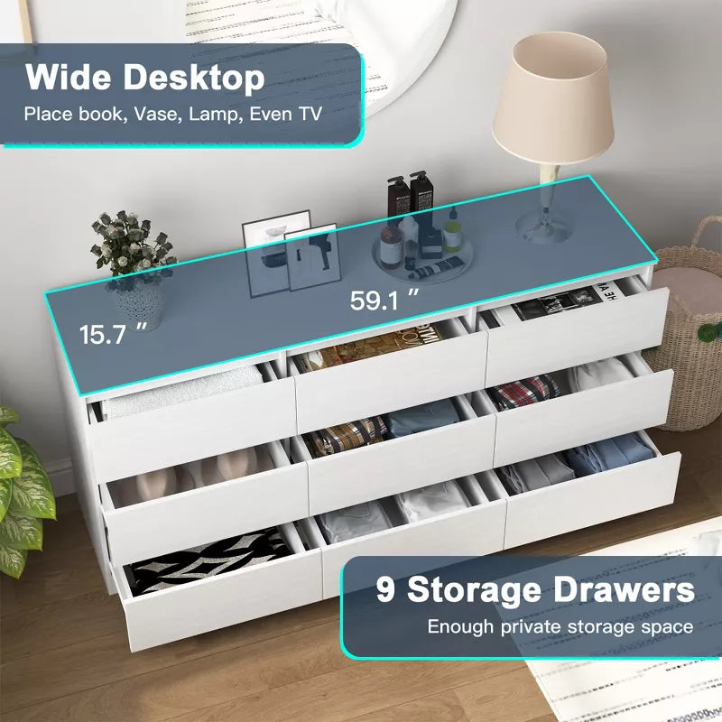 CIPACHO Mid Century Modern 9 Drawer Dresser in White with Hidden Handle Perfect for Bedroom to Boost Storage and Elevate Retro Home Vibe