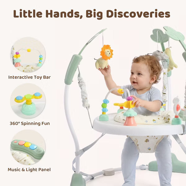 Kinder King Baby Activity Center Jumper, 360 Rotating Seat, 3-Level Adjustable Height, Interactive Toys, Removable Foot Mat, Green