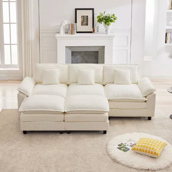 HYLEORY Chenille Fabric Pillow Top Arm U-Shaped Sectional Sofa , Indoor Convertible Modular Sectional Sofa Set with 2 Ottomans for Living Room