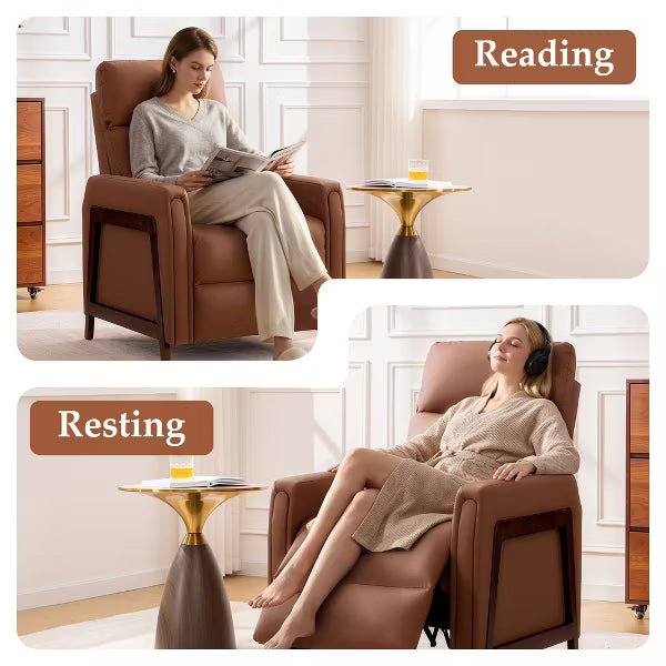 KERDOM Mid-Century Manual Recliner Chair, PU Leather Reclining Armchair with Wood Frame, Adjustable Single Recliner for Living Room Bedroom,Camel