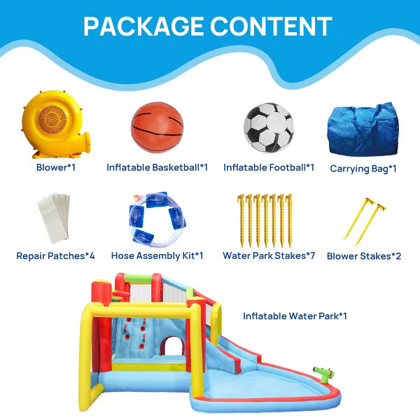 7 in1 Inflatable Kids Bounce House with Slide & Splash Pool, Outdoor Playground for Children, Climbing Wall, Basketball Football Hoop, Water Sprayer
