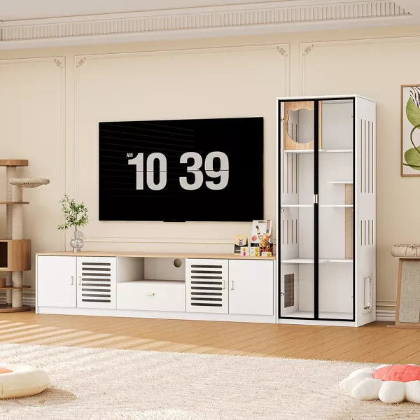 ATJafurn Entertainment Center Hidden Cat Litter Box Enclosure For 85inch Tv, Included Tv Stand And Glass Cabinet, Furniture Style Cat House