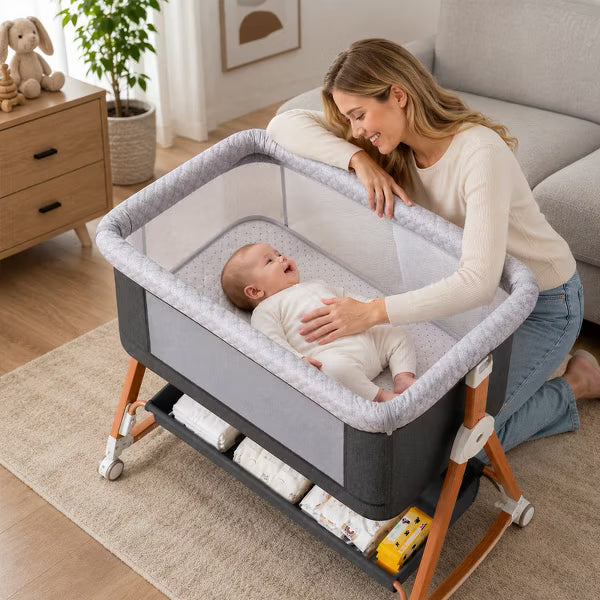 Baby Bassinet Bedside Crib with Adjustable Height, Breathable Mesh Sides, Wheels and Storage Basket,Dark Grey