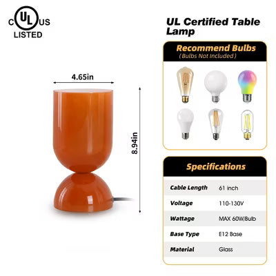 8.9" Modern Cylindrical Glossy Orange Glass Table Lamp with Dome Base for Bedside, Living Room, Study, Lounge, Bar Counter, or Coffee Table