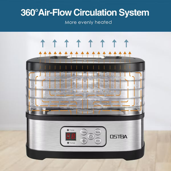OSTBA 5-Tray Food Dehydrator, 240W, BPA-Free, Adjustable Temp, LED Display, Timer, Dishwasher Safe, for Jerky, Fruits, Herbs + Recipe Book