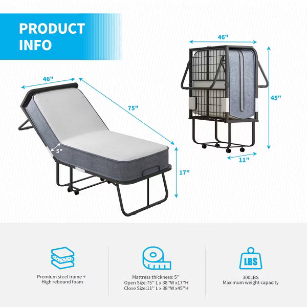 Mjkone Folding Bed with 5''Memory Sponge Mattress,Portable Guest Bed Camping Cot,Soft Padded Rollaway Sleeping Bed