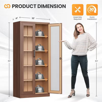 Mlezan Display Cabinet: Glass Doors, 4 Adjustable Shelves, Locking Case. Ideal for Home, Office, or Clinic. Assembly Required.