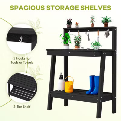 3-in-1 HDPE Potting Bench with Shelves and Hooks – Durable Outdoor & Indoor Planting Table