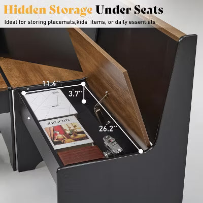 AMERLIFE 3-Piece Breakfast Nook Set with L-Shaped Corner Bench & Hidden Storage, Space-Saving Kitchen Dining Table, Black & Oak
