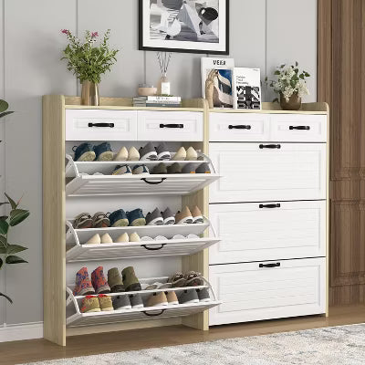 CIPACHO Entryway Hallway Narrow Shoe Cabinet 3 Flip Drawers 2 Top Drawers