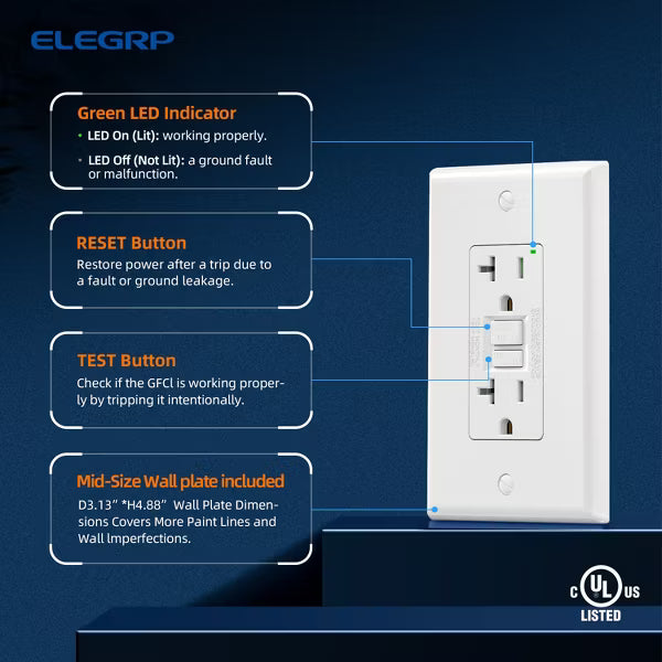 ELEGRP GFCI Outlet Self-Test, 20 Amp 125V NO Tamper Resistant Duplex wall outlet, with Glossy Wall Plate, UL Listed