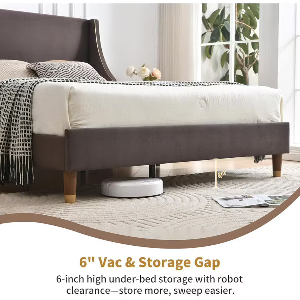 Modern Golden-Thread Wingback Bed - High-Density Sponge Comfort with No-Box-Spring Sturdy Metal Frame
