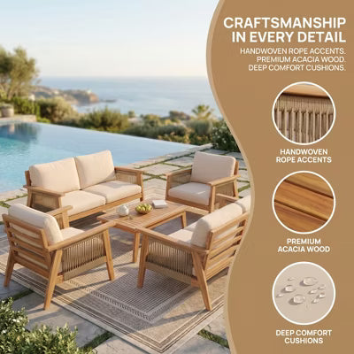 4-Piece Acacia Wood Patio Conversation Set with Rope Woven Chairs, Cushions & Coffee Table, Teak Beige