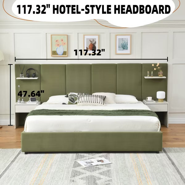 King Size Hotel Style Platform Bed,Storage Drawers Built-in Nightstands Floating Shelves,Noise-Free Sprung Wooden Slats,No Box Spring Needed,Green